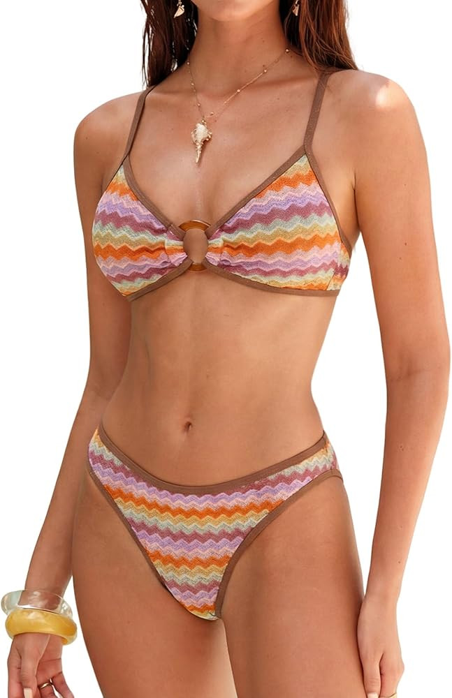 ZAFUL O Ring Bikini Sets for Women Lace Up Swimsuits High Cut Swimwear Contrast Stripe 2 Piece Ba... | Amazon (US)