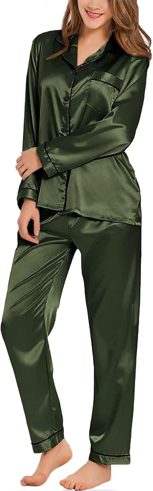 SWOMOG Womens Silk Satin Pajamas Set Long Sleeve Button Down Sleepwear 2 Piece Lounge Set Pj Set ... | Amazon (US)