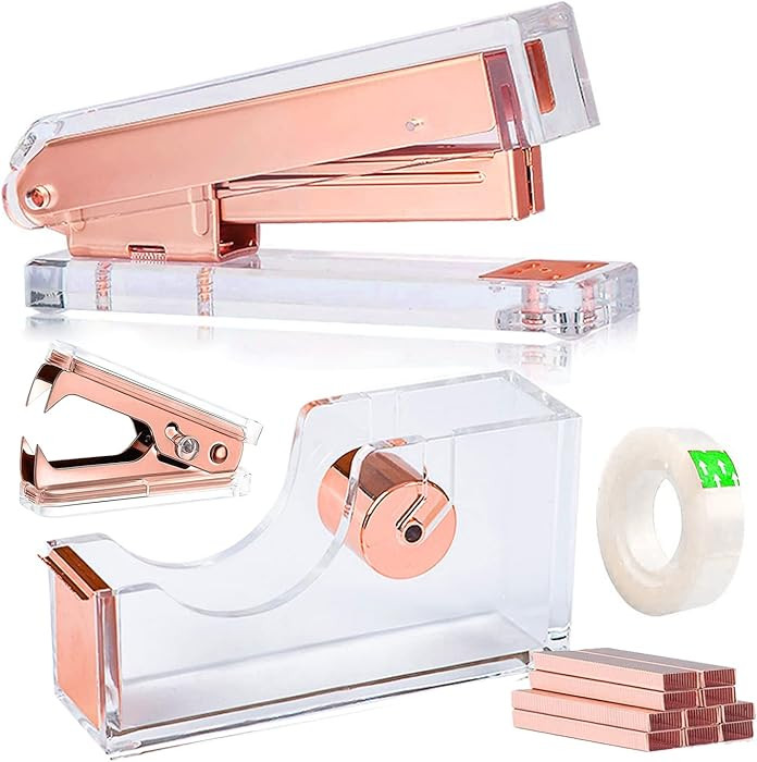 Acrylic Rose Gold Tape Dispenser Desktop Stapler, Acrylic Office Supplies Includes Staple Remover... | Amazon (US)