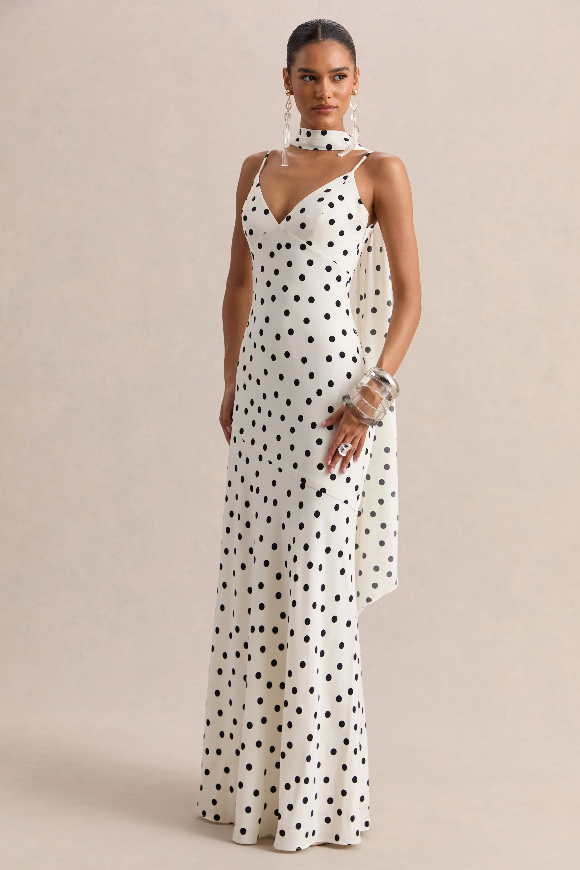 Starling | White & Black Polka Dot Satin Plunge-Neck Maxi Dress With Scarf-Detail | Club L London