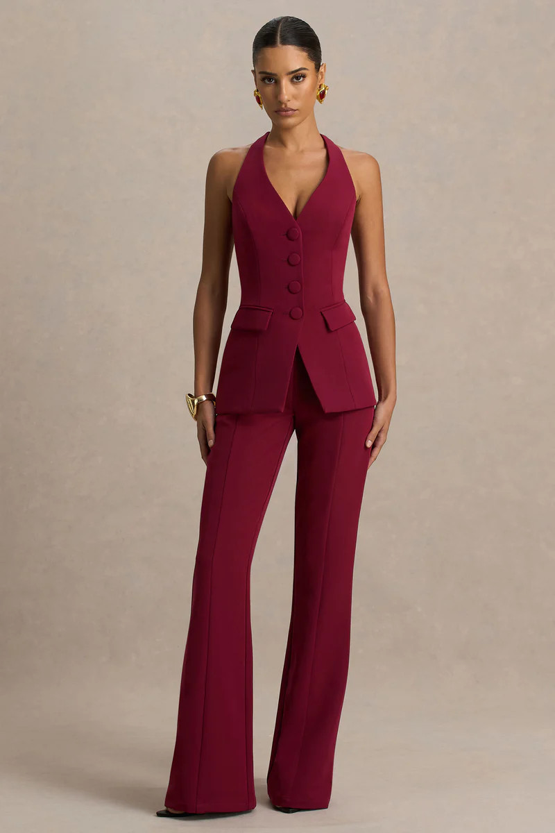 Carina  Burgundy Flared-Leg Tailored Trousers | Club L London