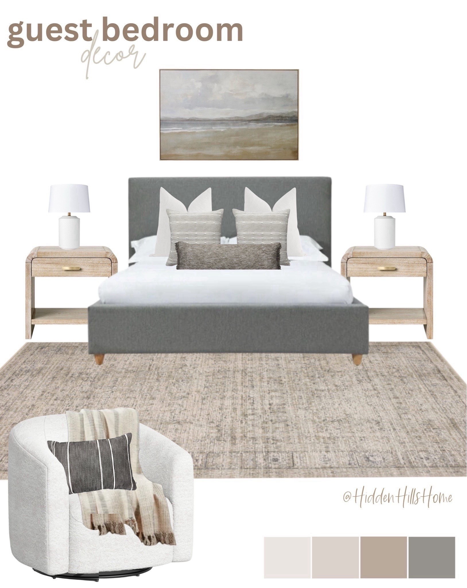 Guest bedroom mood board, bedroom design inspo, guest bedroom design, nightstands, cozy decor ideas, modern-transitional guest bedroom #bedroom