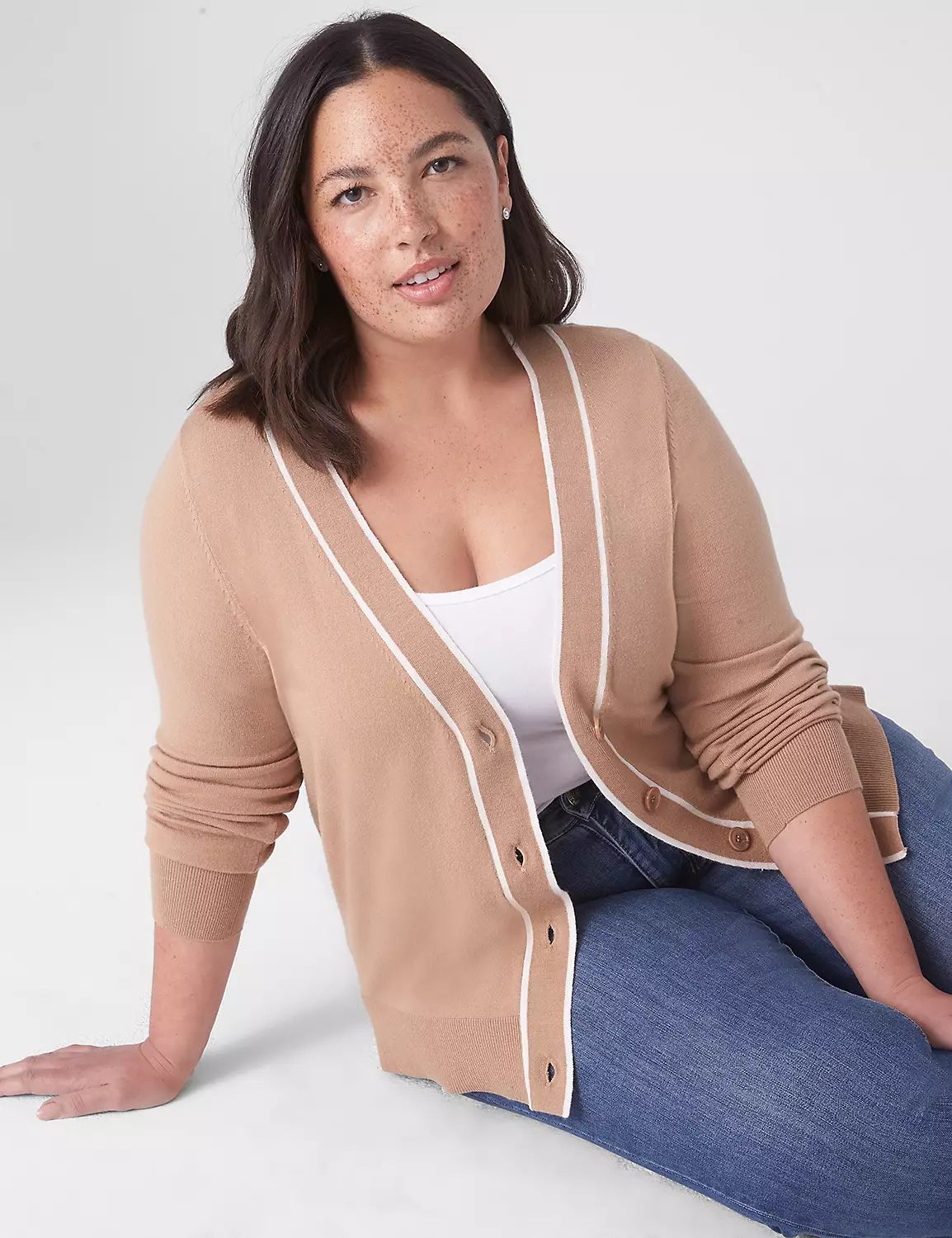 Classic Long-Sleeve Button-Front Tipped Cardigan | LaneBryant | Lane Bryant (US)