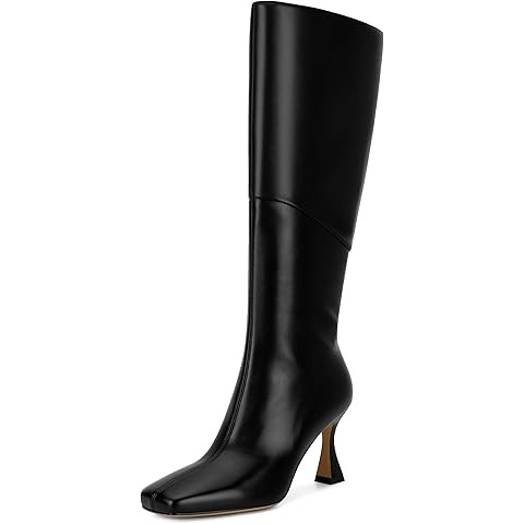 Dsevht Black Leather Knee High Boots for Women Stiletto Kitten Heeled Sexy Boots Square Toe and S... | Amazon (US)