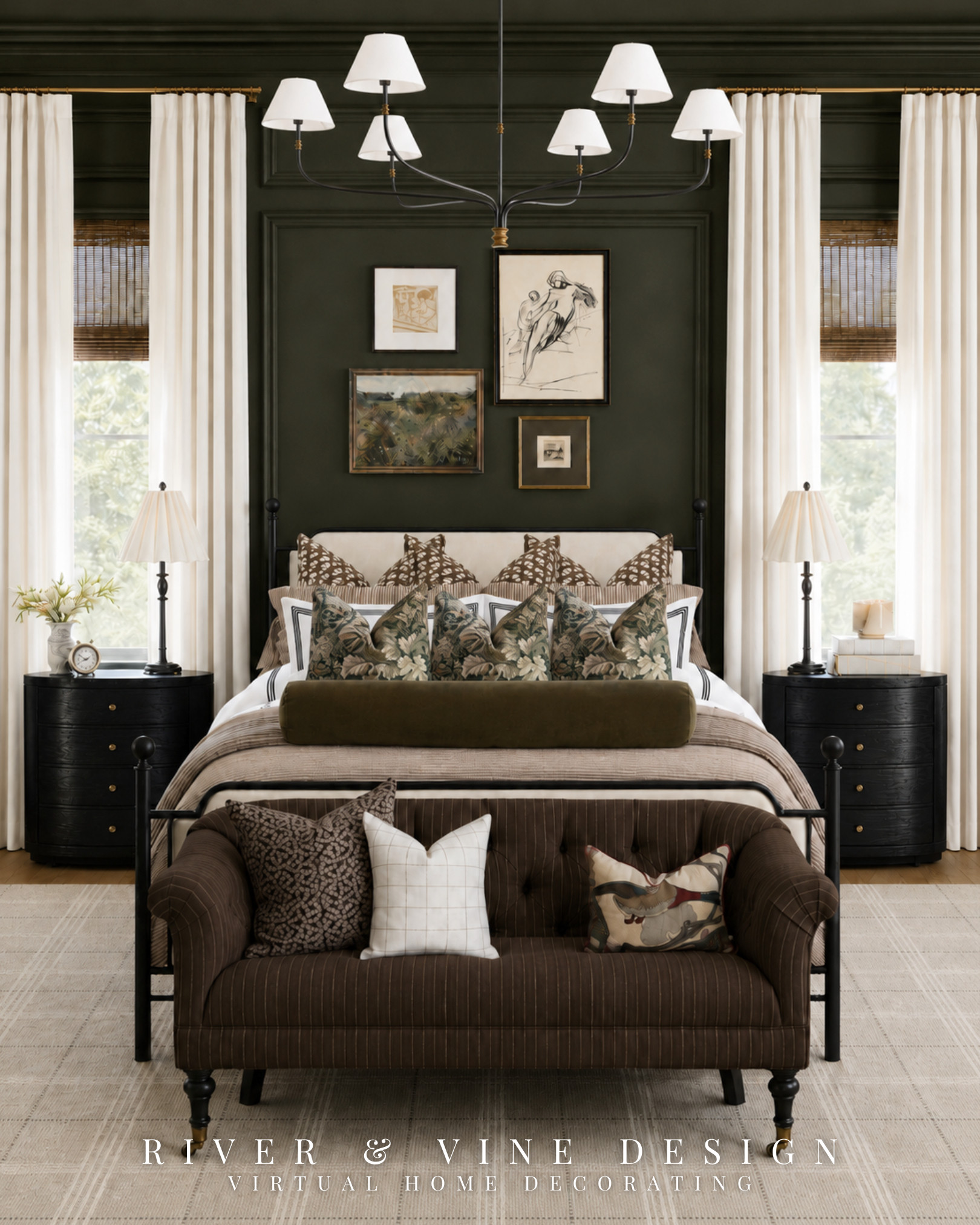 If Ralph Lauren and Nancy Meyers had a baby, it would be this bedroom.

The moody olive walls, equestrian art, dark furniture, and tailored bedding? Ralph. The soft white curtains, layered pillows, cozy settee, and “please bring me coffee in bed” energy? Nancy. And the fact that every pillow looks like it has its own backstory? Joint custody.

The mix works because the deeper colors and substantial furniture give the room structure, while the cream textiles and gathered window treatments keep it warm and inviting. It feels richly layered without losing that relaxed, stay-a-little-longer quality.

Ralph Lauren inspired bedroom, Nancy Meyers bedroom, moody olive bedroom, modern traditional bedroom, layered neutral bedding, equestrian bedroom decor, cozy primary bedroom, collected bedroom design

I may receive a commission from purchases made through my links.

#LTKHome