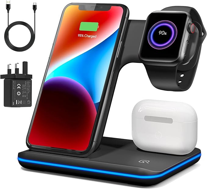 Wireless Charger 3 in 1, Wireless Charging Station for iPhone 15/14/13/12/11 and Apple Watch 8/7/... | Amazon (UK)