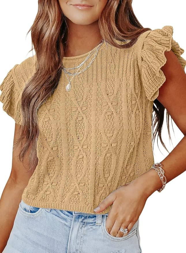 HOTAPEI Ruffle Sleeve Tank Tops for Women Sleeveless Crewneck T Shirts Loose Fitting Solid Knit T... | Amazon (US)