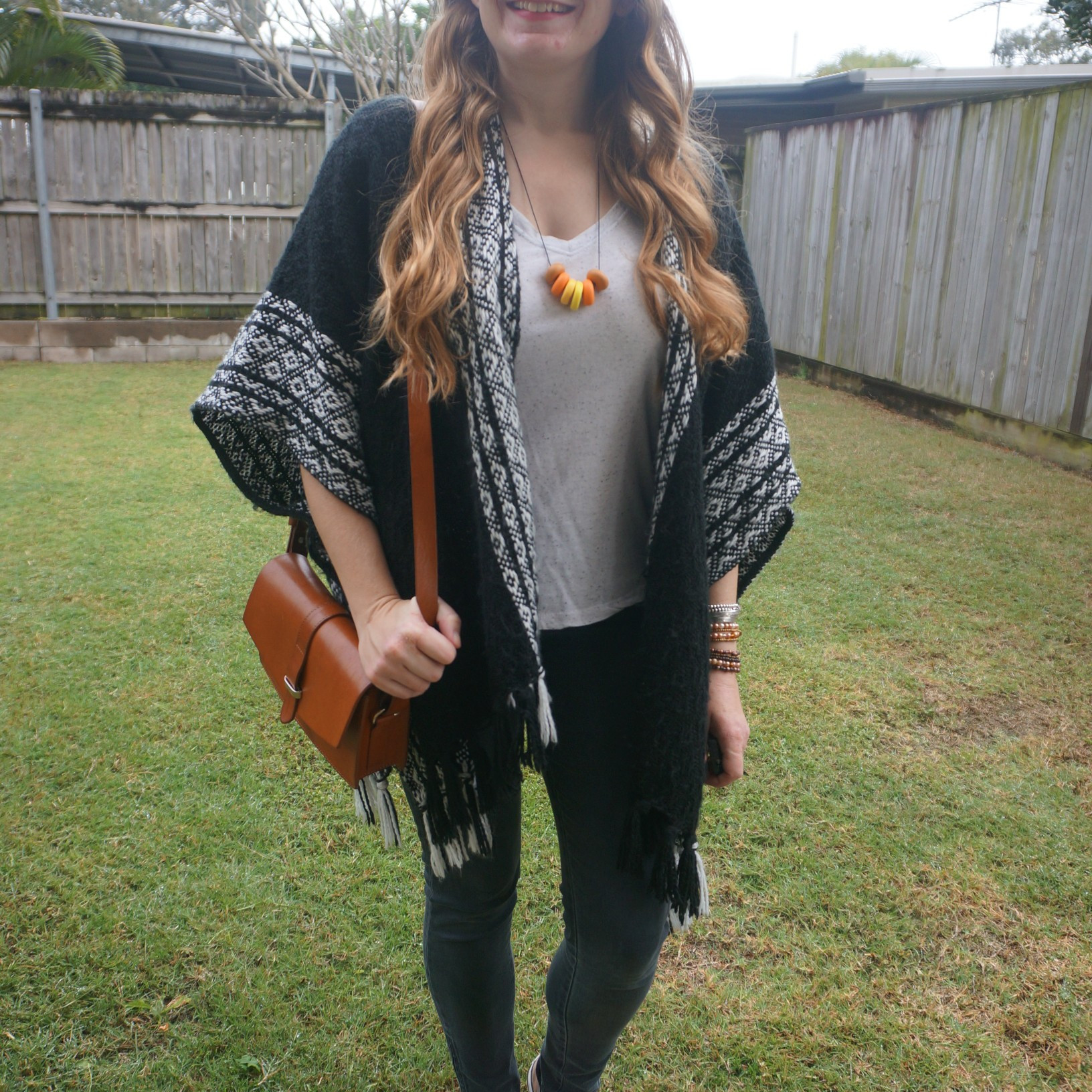 Skinny jeans and white tee outfit with Rebecca Minkoff knit ruana poncho and vintage Sezane bag 🖤

#LTKaustralia #LTKspring