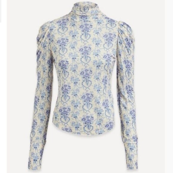 NWT LOVESHACKFANCY Vienna Turtleneck Top Puff Sleeve Floral Blue Frosted Shores | Poshmark