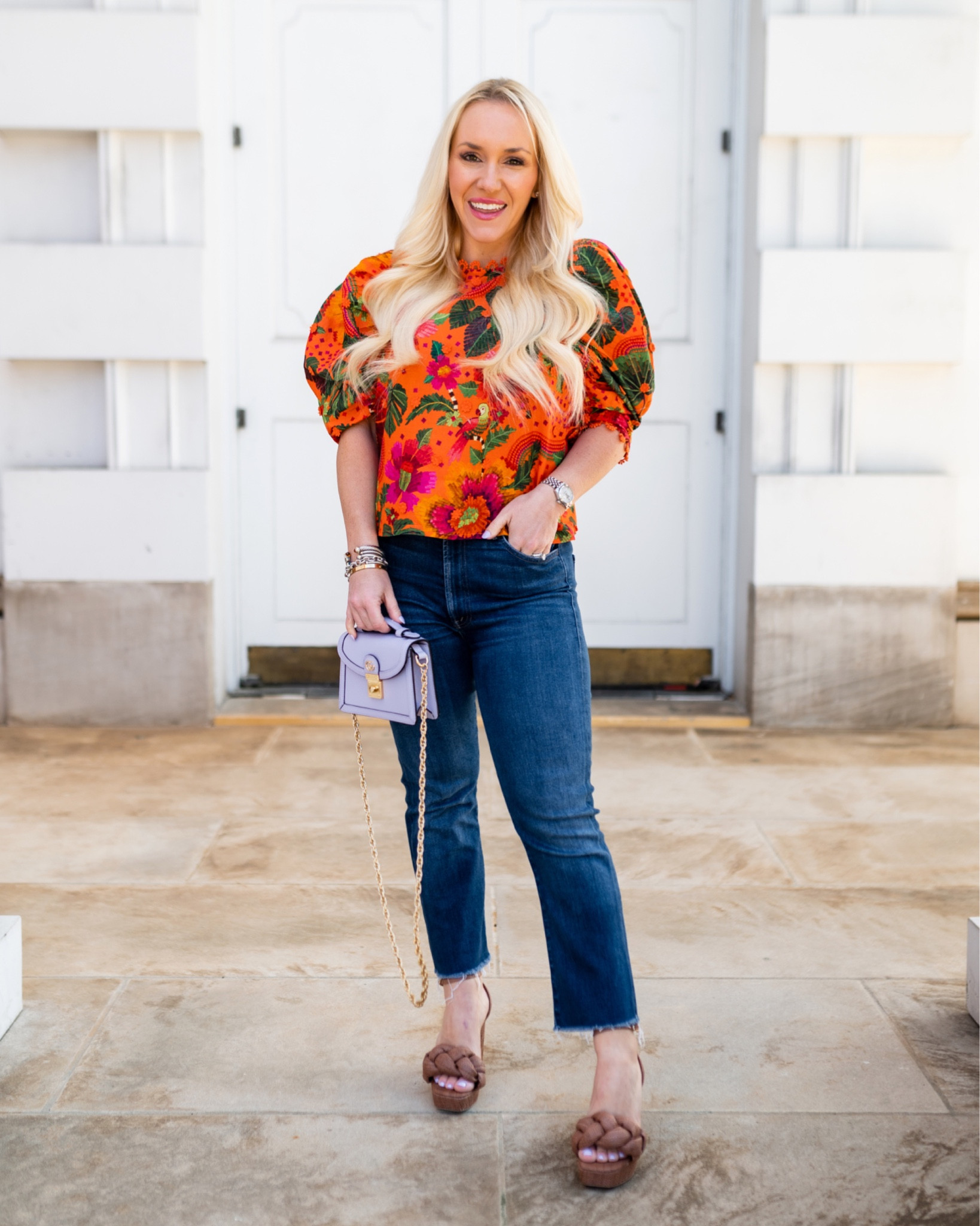 Farm Rio blooming orange top size small.  Mother denim 25% off during Saks friends & family sale. Loeffler Randall natural braided platform sandals. Spring look. Spring style. Summer style, summer top, Gucci mini lilac bag 
Shopbop 

#LTKsalealert #LTKshoecrush #LTKSeasonal