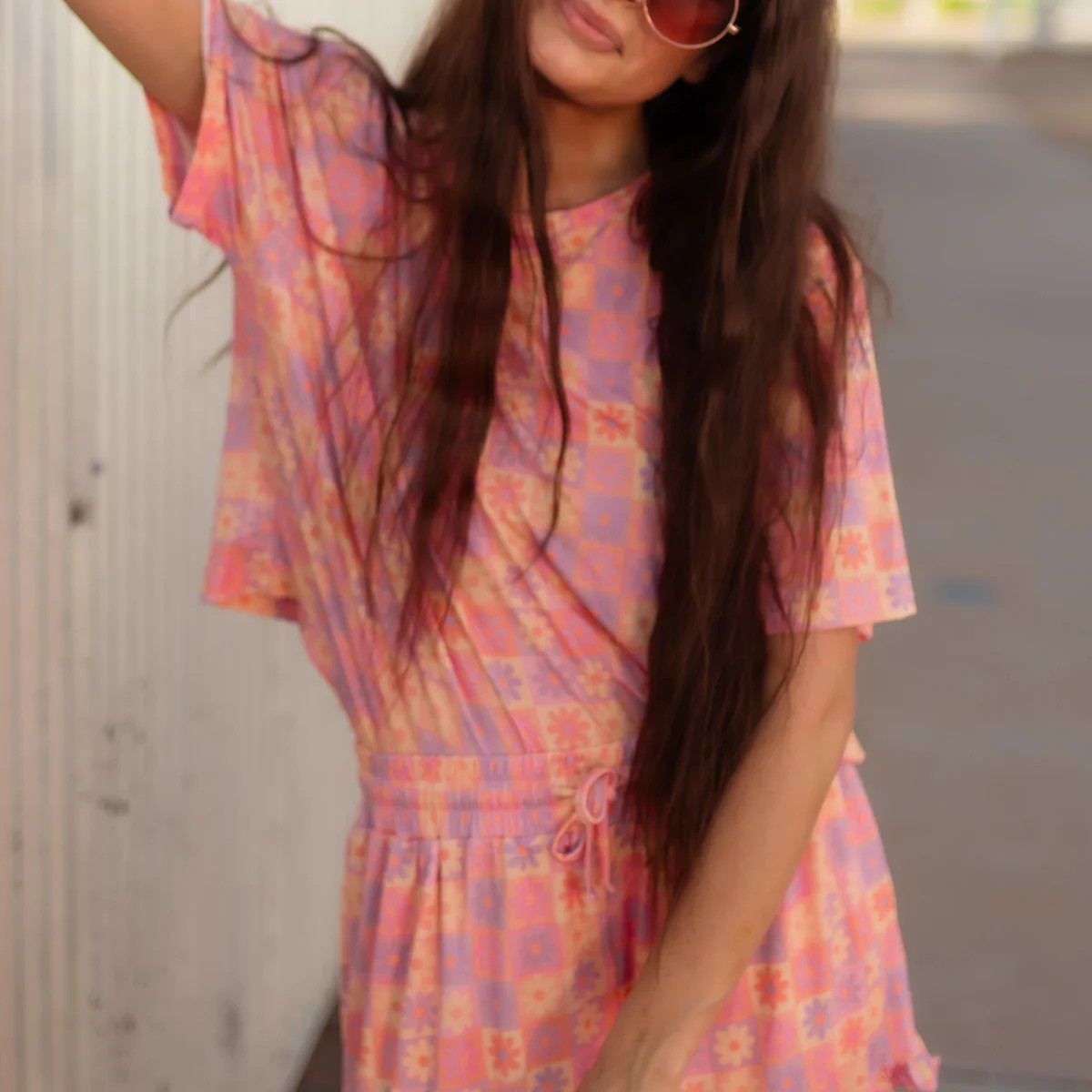 Women’s Ruffle Short Set in Groovy Checkered Flowers | Silks Design