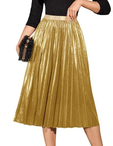 DRESSTELLS Gold Sparkly Pleated Midi Metallic Skirts for Women, Fall Glitter A Line Long Flowy Elastic High Waisted Holiday Party Swing Skirt M | Amazon (US)