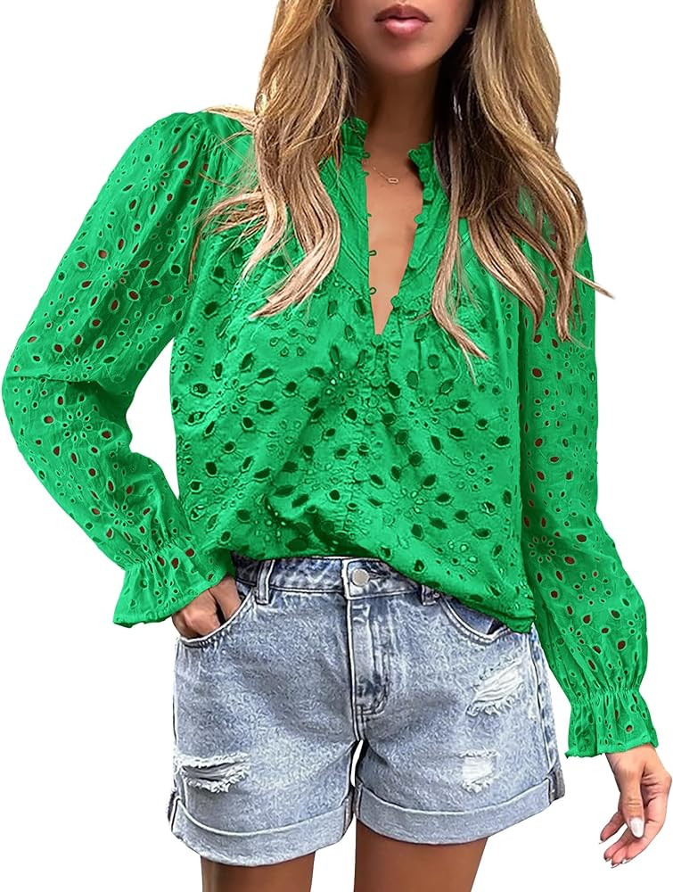 PRETTYGARDEN Women's Dressy Casual Blouse Tops Fall Spring Puff Long Sleeve Button V Neck Hollow ... | Amazon (US)