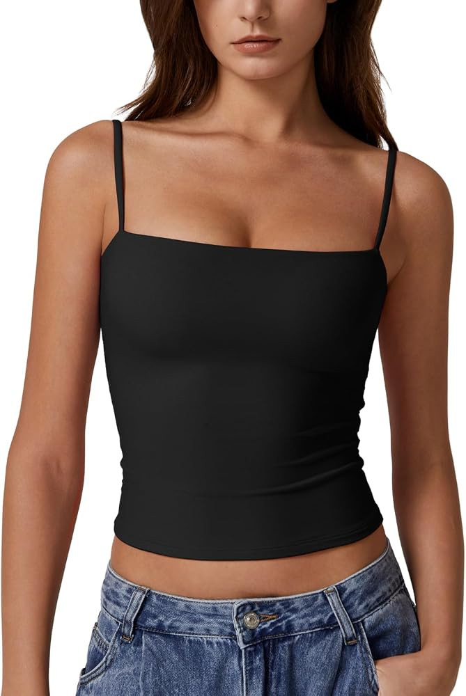 QINSEN Women's Double Lined Basic Tank Top Adjustable Spaghetti Straps Sleeveless Camisole Shirts | Amazon (US)