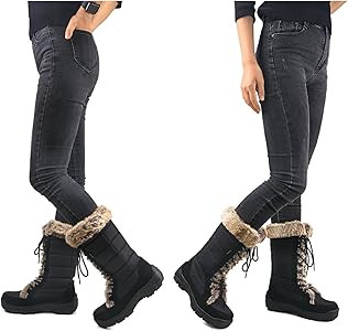 AUSLAND Women's Black Winter Snow Boots Twin Peaks Fur Cuff Mid-Calf Waterproof Lace Up Boots | Amazon (US)