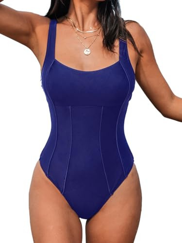 CUPSHE Women's One Piece Swimsuit Tummy Control Bathing Suit Scoop Neck Sculpting Slim Swimwear, XL Navy Blue | Amazon (US)