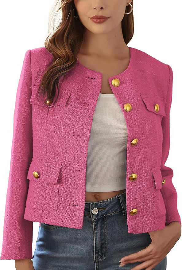 M.Infisavo 2025 Women Tweed Jacket Cropped Blazers Fall Winter Elegant Round Neck Pockets Busines... | Amazon (US)