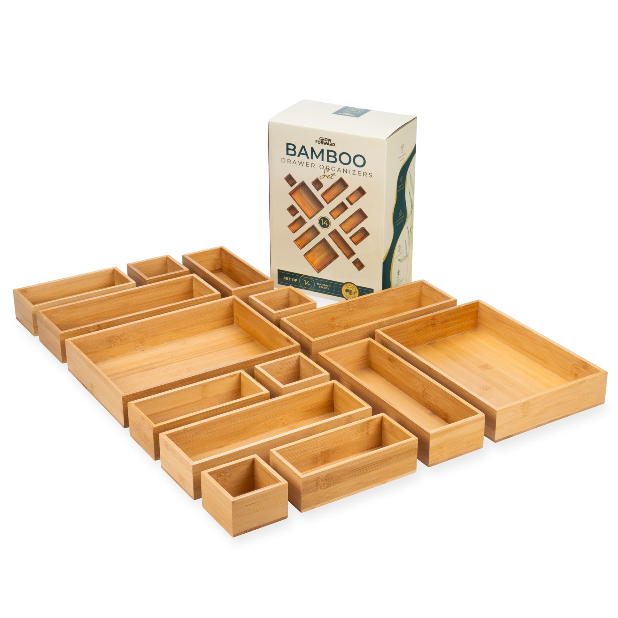 Grow Forward Bamboo Drawer Organizer Boxes - Set of 14 Wooden Drawer Organizers for Kitchen, Bath... | Amazon (US)