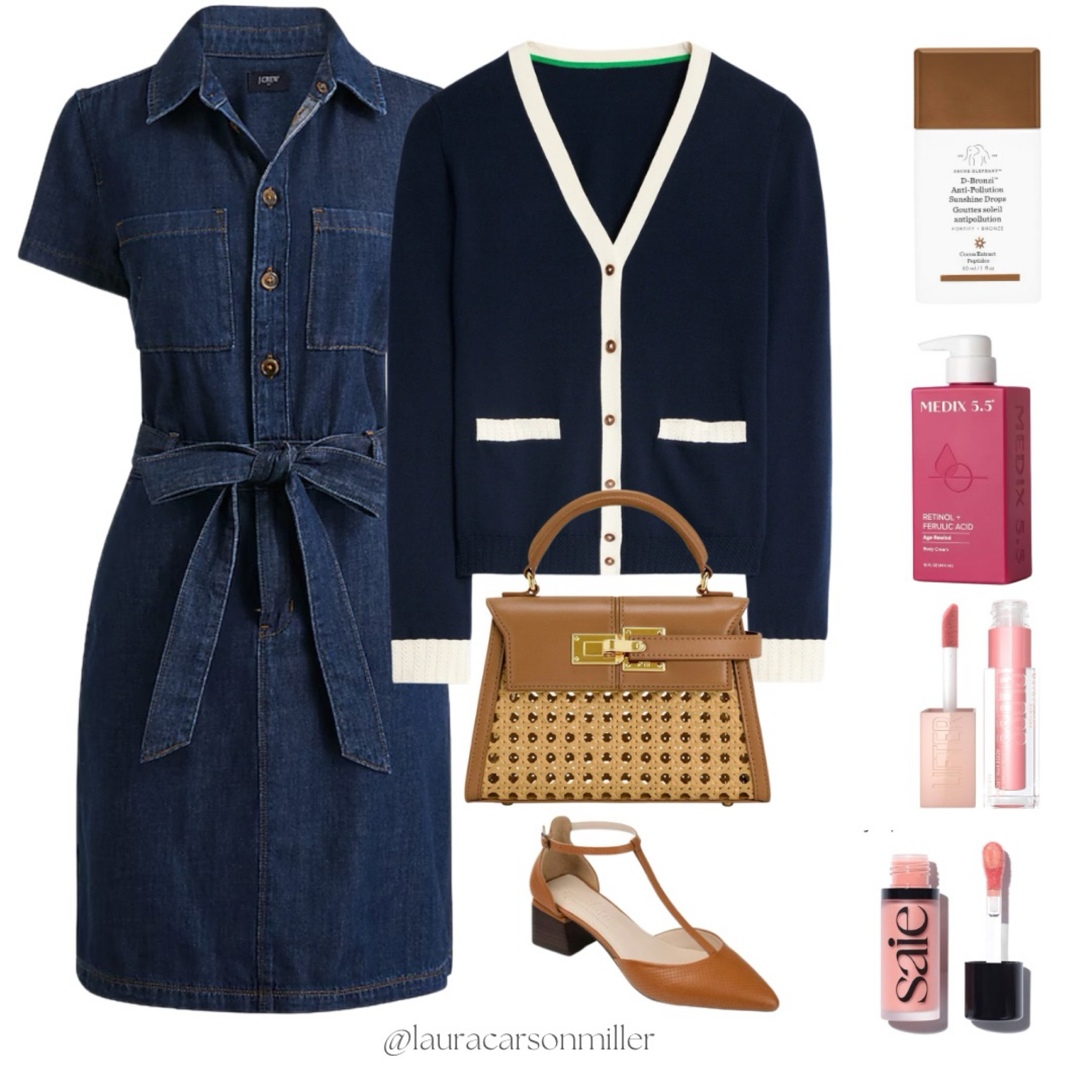 Wear this belted denim dress year round. Layer over or under it. Swap out the tie belt for a leather or calf hair belt to change your the look. I use this regional body lotion all the time and it’s do easy to add a little color to your skin by adding a few drops of this liquid bronzer, swirl it together in your palm and apply! Peachy pink makeup is all the rage - you read it here first! Laura carson miller, beauty expert, beauty trends, denim dress, peachy pink makeup, cardigan, liquid bronzer, camel accessories, lip gloss, liquid blush, outfit ideas, work outfit, concert outfit, vacation outfit, petite, mid size, plus size, your style your way, classic modern style, casual chic style 

#LTKMidsize #LTKItBag #LTKBeauty