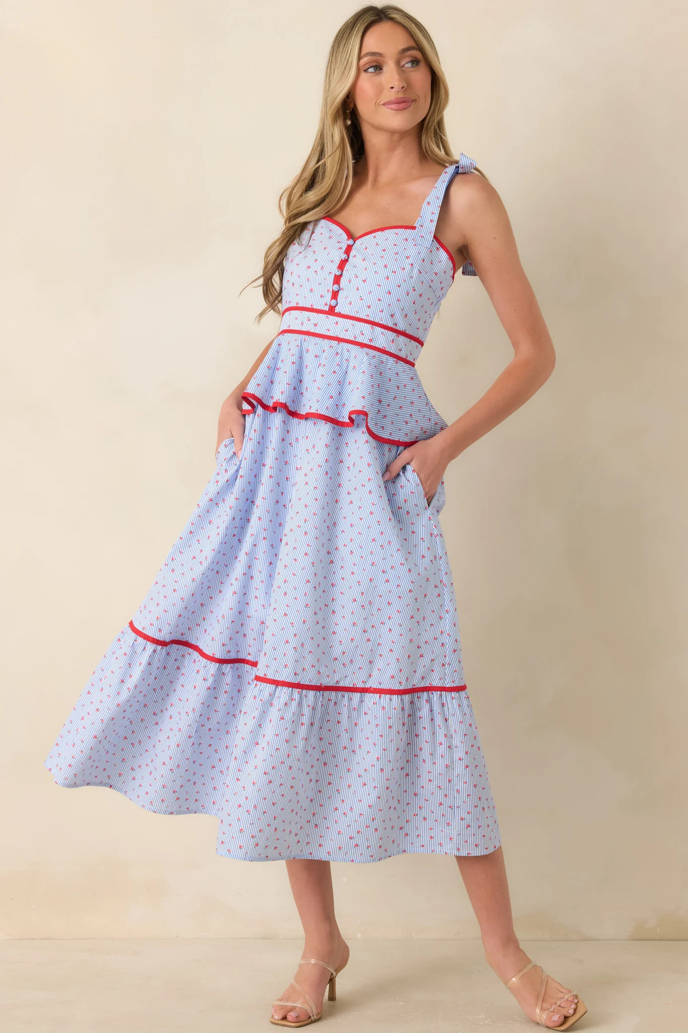 Sweet Tea in July Light Blue & Red Cotton Floral Stripe Peplum Midi Dress - S / Blue | Red Dress