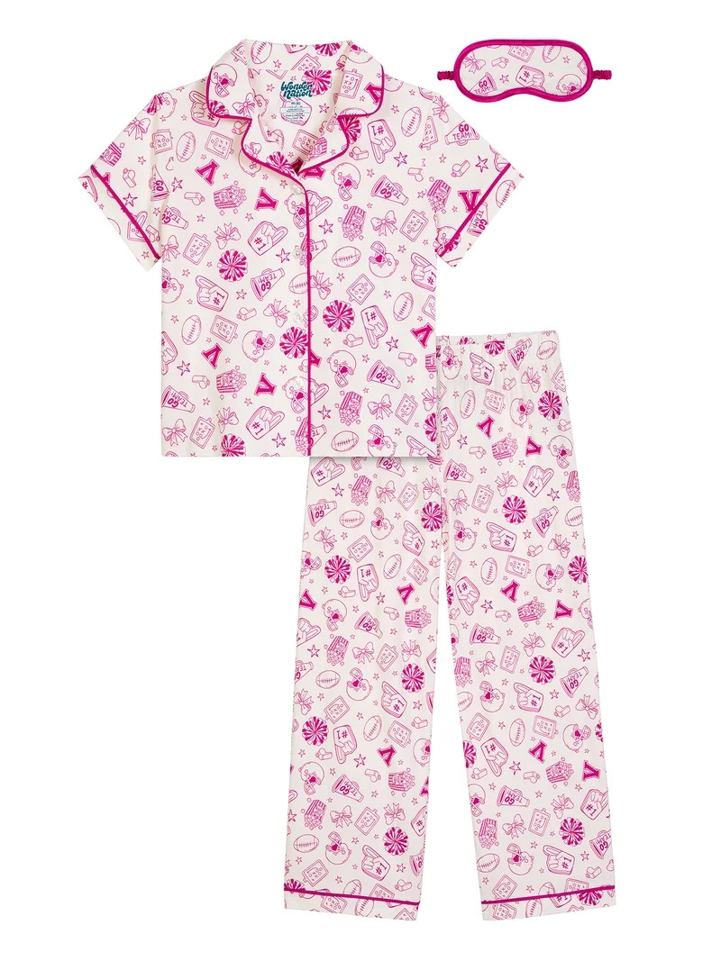 Wonder Nation Girls Short Sleeve Button Front Pajama Top and Pants Set with Eyemask, 3-Piece, Siz... | Walmart (US)