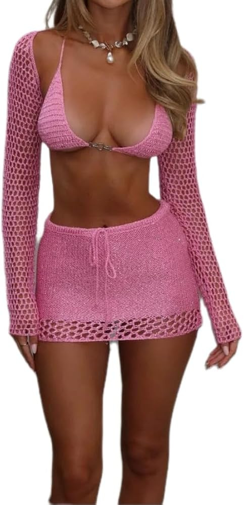 FEORJGP Womens Summer Crochet Knit 3 Piece Skirts Set Long Sleeve Shrug+Bikini Top+Mini Skirt Kni... | Amazon (US)