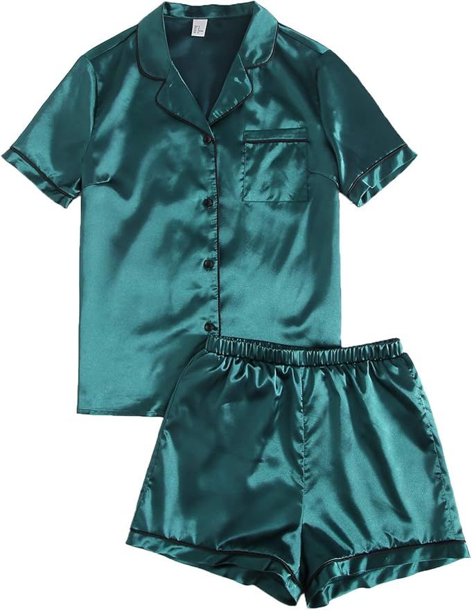 SweatyRocks Women's Short Sleeve Sleepwear Button Down Satin 2 Piece Pajama Set | Amazon (US)