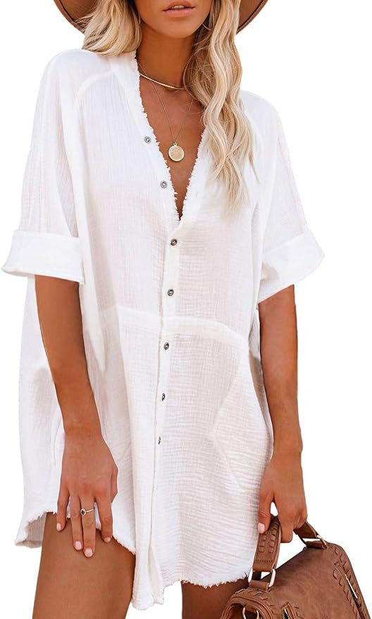 Pink Queen Women V Neck Long Sleeve Button Down Blouse Tunic Shirt Mini Dress with Pockets | Amazon (US)