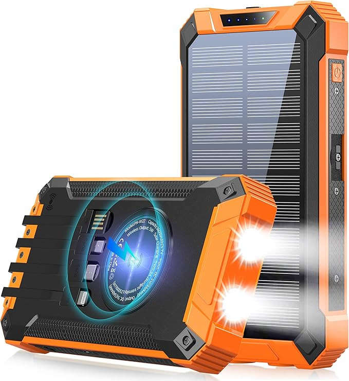 Solar Power Bank 36000mAh Built-in 4 Cables Qi Wireless Charger with Dual LED Flashlight Solar Po... | Amazon (US)