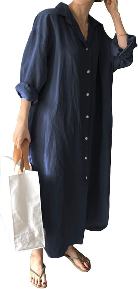 GGUHHU Womens Chic Button Down Rolled-Up Sleeve Long Cotton Blouse Maxi Dress | Amazon (US)