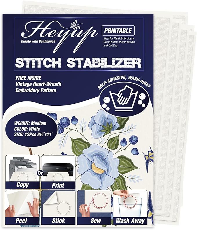 Wash Away Embroidery Stabilizers, 12Pcs 8.5x11’’ Self-Adhesive Fabric-Like Soluble Stabilizer... | Amazon (US)