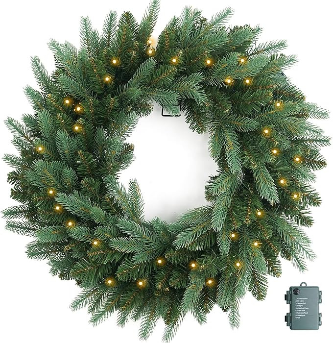 Christmas Wreath Pre Lighted 24 inch with 50 Led Fraser Fir Foliage Tips, Battery Operated Artifi... | Amazon (US)