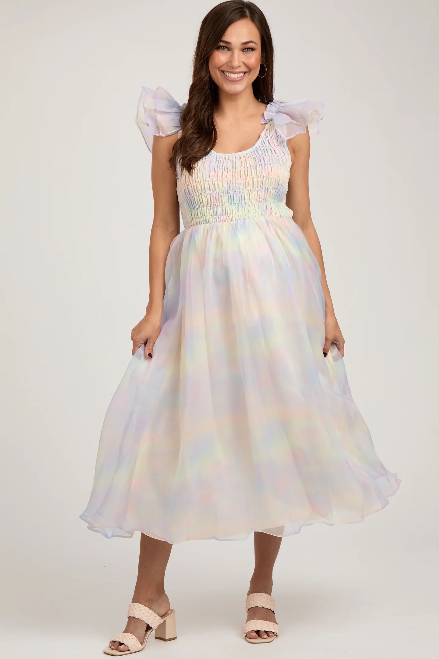 Multicolor Pastel Smocked Flutter Maternity Midi Dress | PinkBlush Maternity