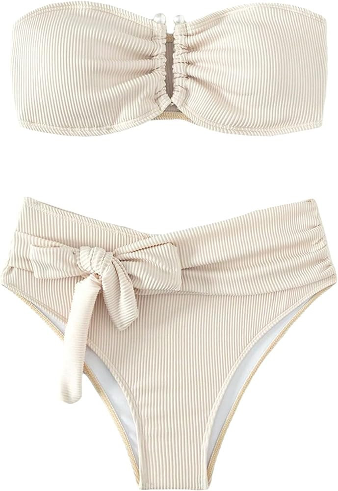 WDIRARA Women's 2 Piece Bikini Set Rib Knit Strapless Knot Front High Waist Swimsuit Set | Amazon (US)