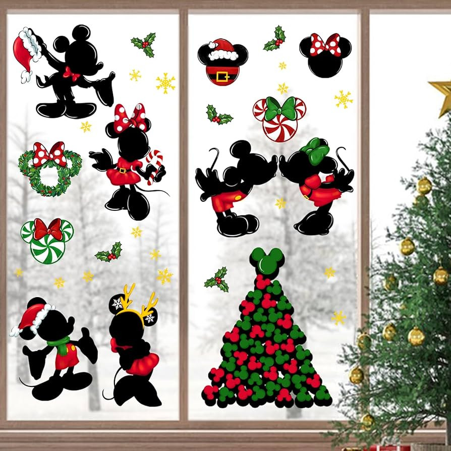 Yovkky 88 PCS Merry Christmas Window Clings, 2024 New Year Christmas Mouse Xmas Tree Green Red St... | Amazon (US)