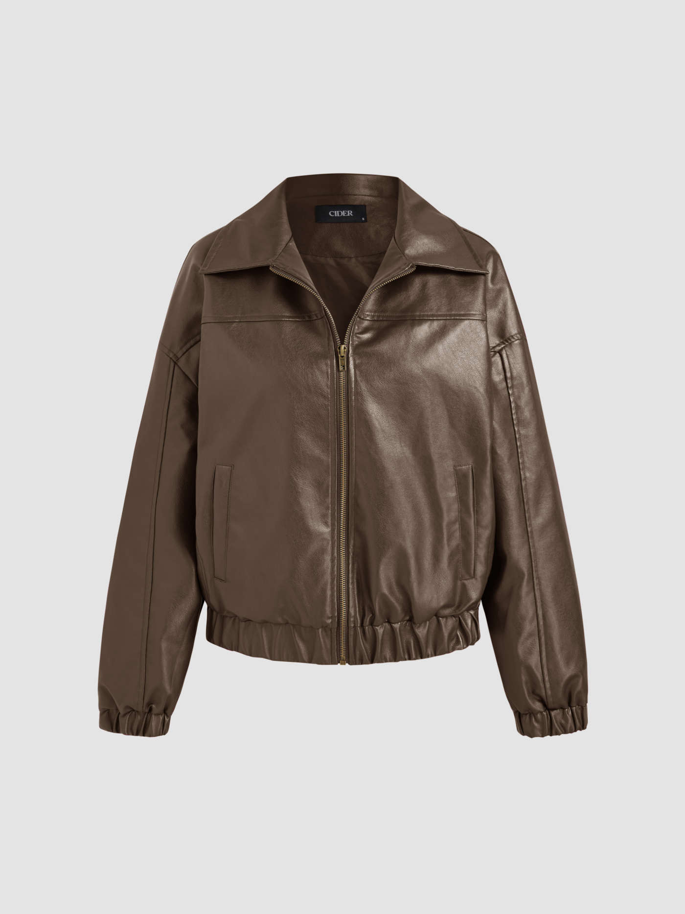 Faux Leather Collar Solid Pocket Zipper Bomber Jacket | Cider