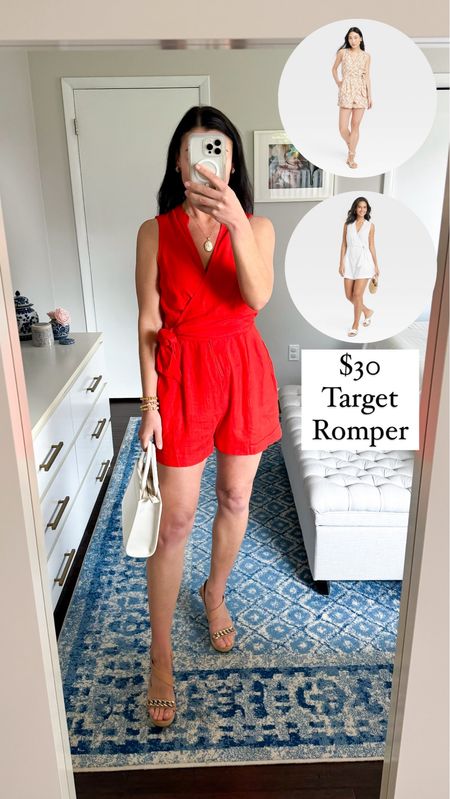 $30 romper from Target❤️ Target is really coming in hot with this one!! It was even better than I anticipated👏 Extremely comfortable, has pockets, and a flattering wrap waist. Also comes in white, black, and a tan print - certain colors/sizes selling out quickly!

This red is perfect for Memorial Day weekend, the 4th of July, vacations, or even a graduation ceremony. Currently in stock in XS-4X. I paired it with gold jewelry, my $30 purse from Target, and heels, but it would also be cute with sandals. 

Sizing: Runs a little big, if between sizes I would size down. I’m typically between an XS-S in rompers, and the XS fits me perfectly, plenty of room for comfort. 

Target style, target find, affordable style, mom style, summer outfit, MDW 

#LTKSeasonal #LTKstyletip #LTKfindsunder50