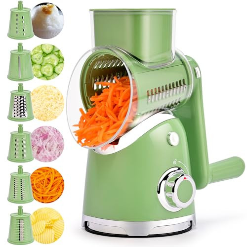 SUSTEAS Rotary Cheese Grater with Handle,Vegetable Slicer with 6 Interchangeable Blades, Reinforced Suction,Easy to Clean,Kitchen Chopper for Crushed Ice,Fruits and Nuts with Blade Storage Case,Green | Amazon (US)