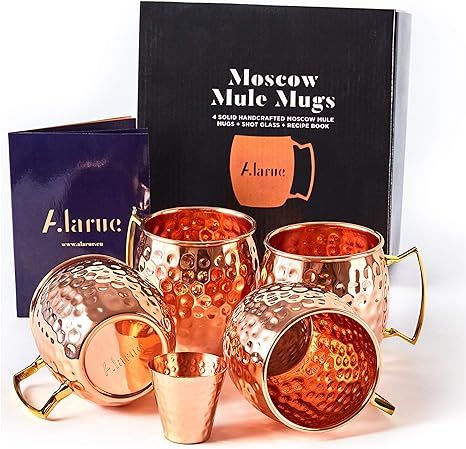 Moscow Mule Mugs Set - 4 Authentic Handcrafted Mugs (16 oz.) with Brass Handle and Shot Glass (2 ... | Amazon (US)