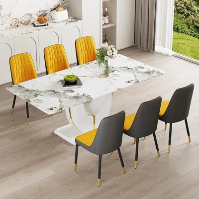 71" Rectangular Dining Table Set Featuring A Faux Marble Tabletop Paired With PU Leather Chairs. This Dining Set Is Suitable For Homes, Restaurants, | Wayfair North America