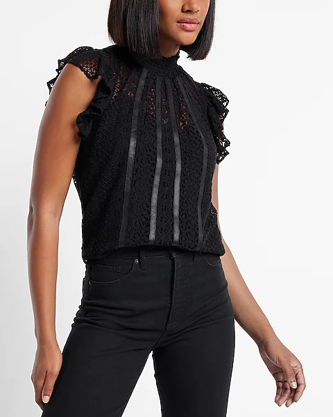 Faux Leather & Lace Mock Neck Flutter Sleeve Gramercy Tee | Express