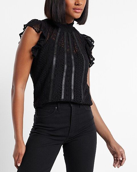 Faux Leather & Lace Mock Neck Flutter Sleeve Gramercy Tee | Express