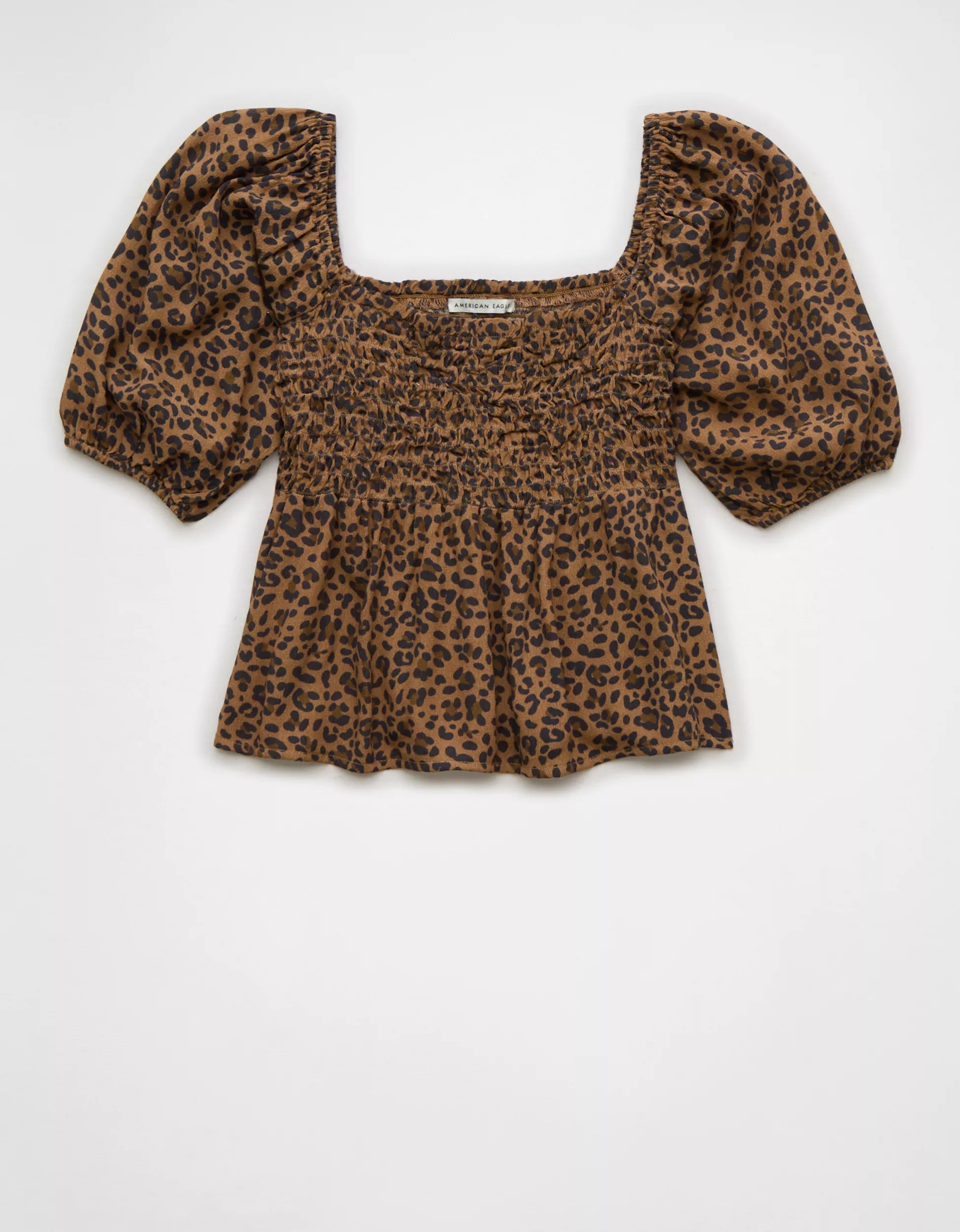 AE Leopard Smocked Puff Sleeve Babydoll Top | American Eagle Outfitters (US & CA)