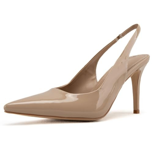 KaroNairy Stilettos Heels for Women Pointed Toe Slingback Heels Closed Toe Low Heel Wedding Dress Pumps Shoes with Buckles Nude11 | Amazon (US)