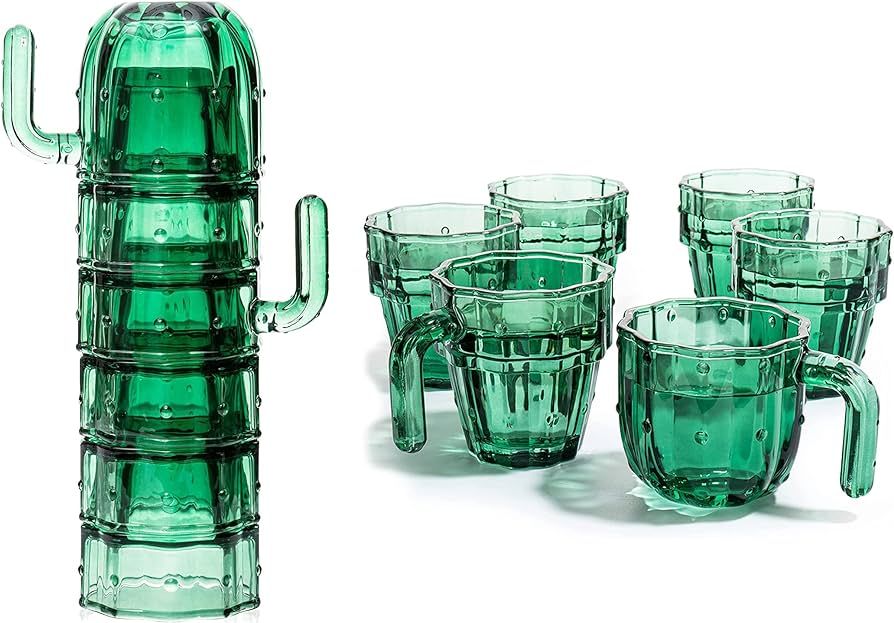 Cactus Stackable Glasses, Stacktus Gifts, Set of 6-10 oz Cactus Shape Glasses With Handles Green ... | Amazon (US)