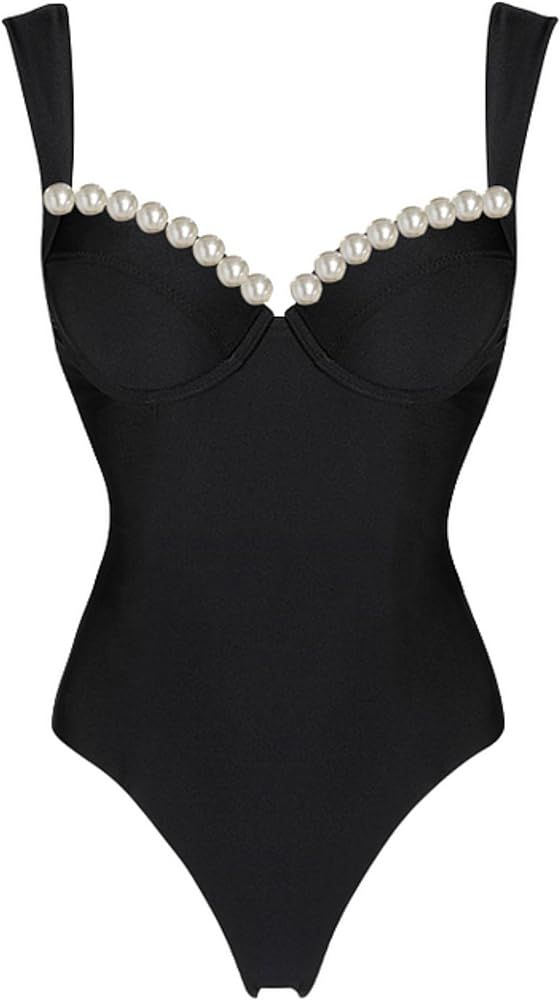 FLAXMAKER Black Double Shoulder Straps Chest Pearl One Piece Swimsuit and Skirt | Amazon (US)