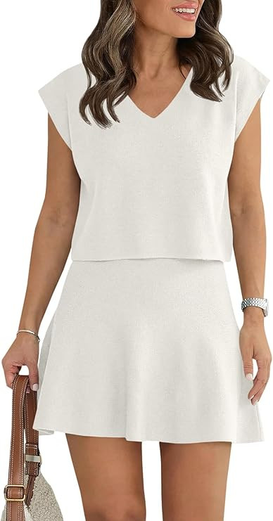 Wenrine Womens Summer 2 Piece Skirt Sets Casual V Neck Crop Tops A Line Mini Skirts Sleeveless Kn... | Amazon (US)