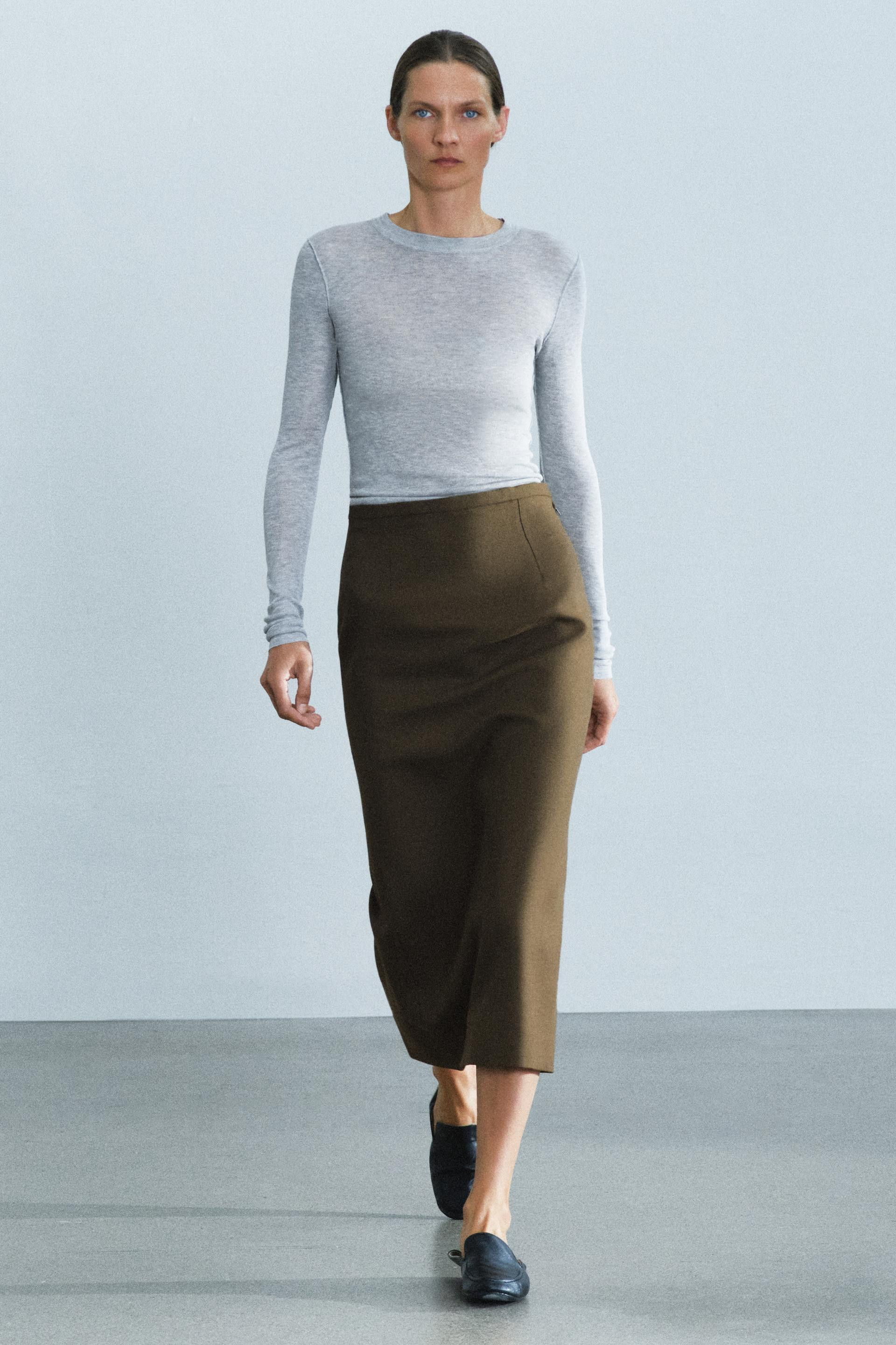 Zara - 100% Wool Straight Skirt Zw Collection - Mid Khaki - S - Woman | Zara US