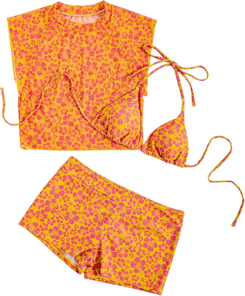 SOLY HUX Women's Floral Print Halter Top and Shorts Bikini Bathing Suits 3 Piece Swimsuit with Co... | Amazon (US)