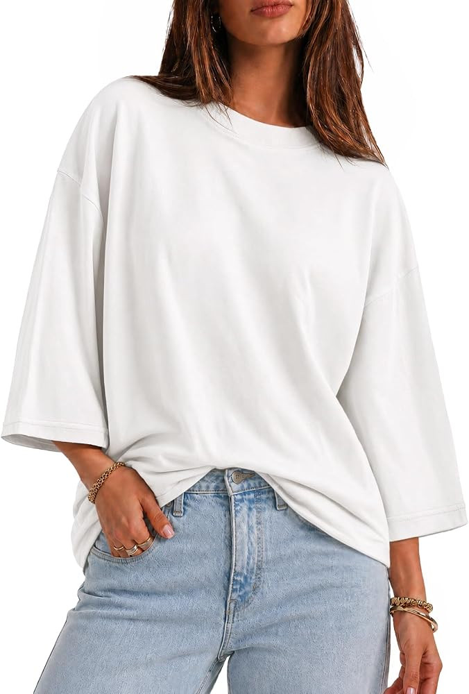 Flowyair Womens Oversized T-Shirt Casual 3/4 Sleeve Summer Boxy Tops Loose Fit Crew Neck Basic Shirts | Amazon (US)